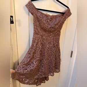 Sequin Hearts off the shoulder high-low dress